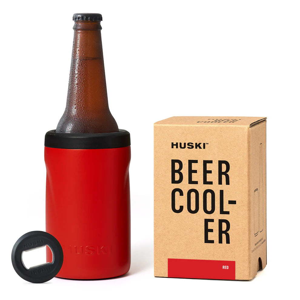 Huski Beer Cooler 2.0 in Red. Keeps beer bottles and cans cold 
