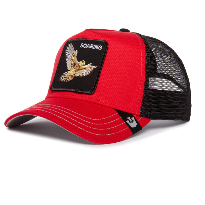 Goorin trucker cap with soaring eagle in red 