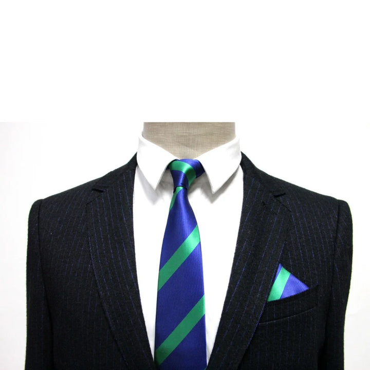 Navy Green Stripe Business Tie & Pocket Square Set