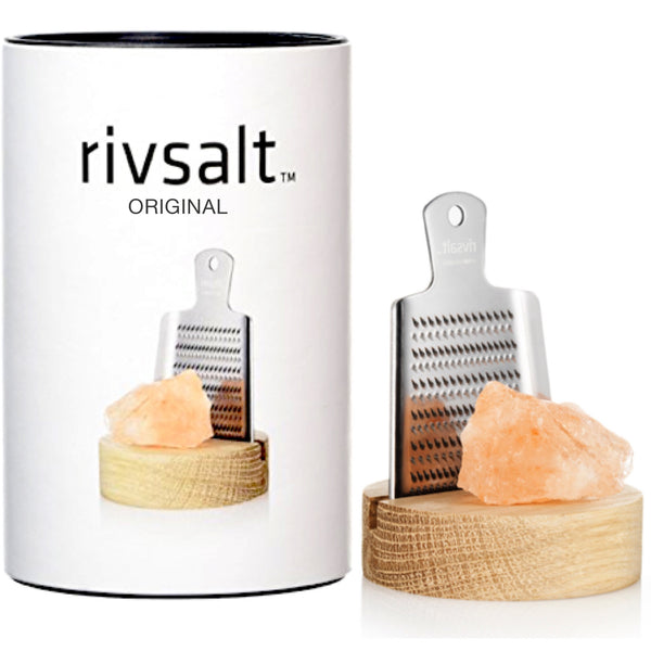 Rivsalt Original Himalayan rock salt with stainless steel grater on stand